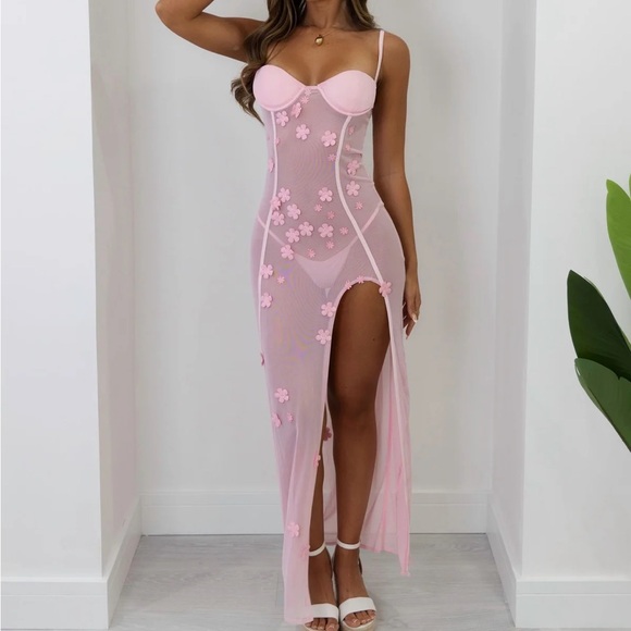Pink Sheer Floral Maxi Dress - Picture 1 of 4